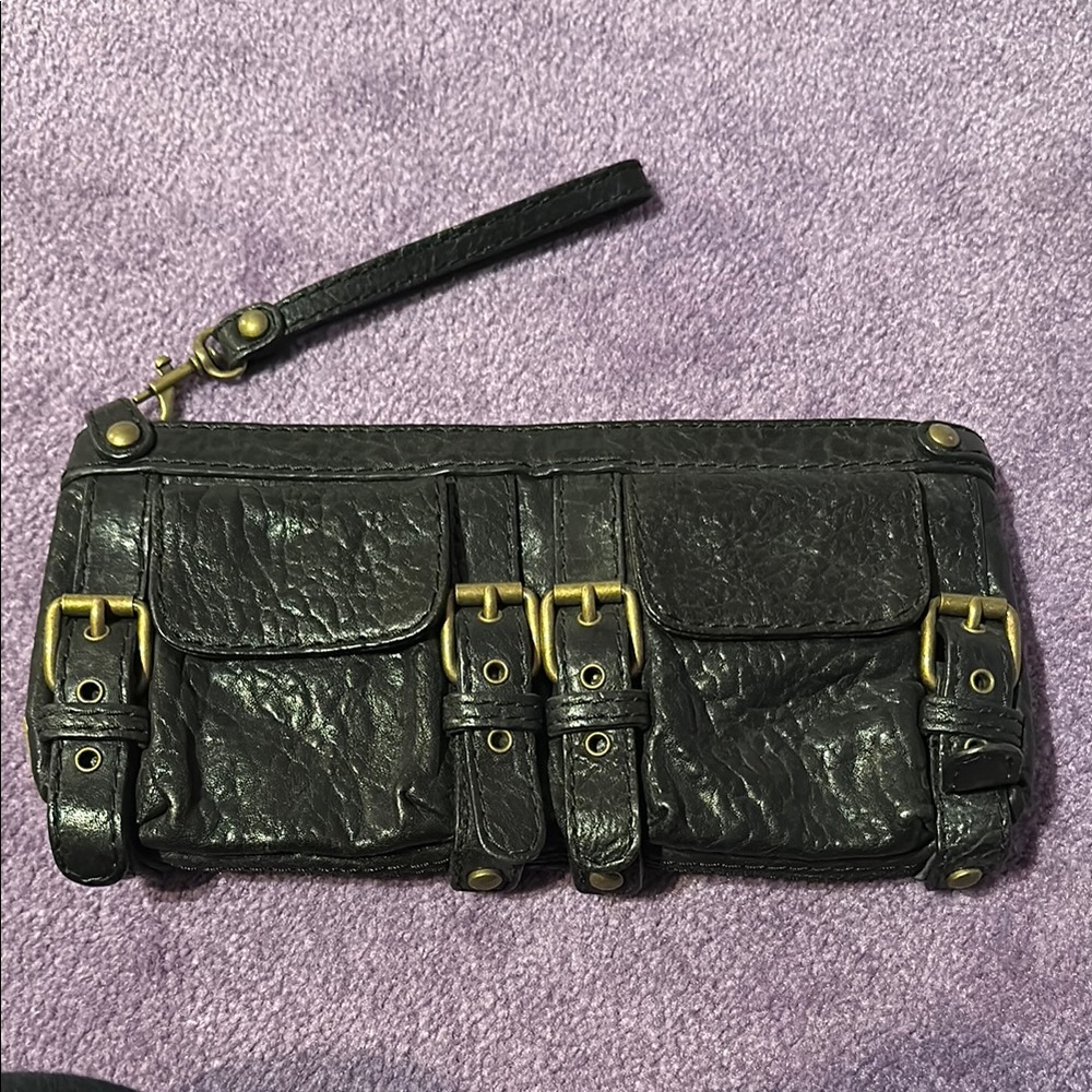 Black Leather Wristlet with Buckle Accents